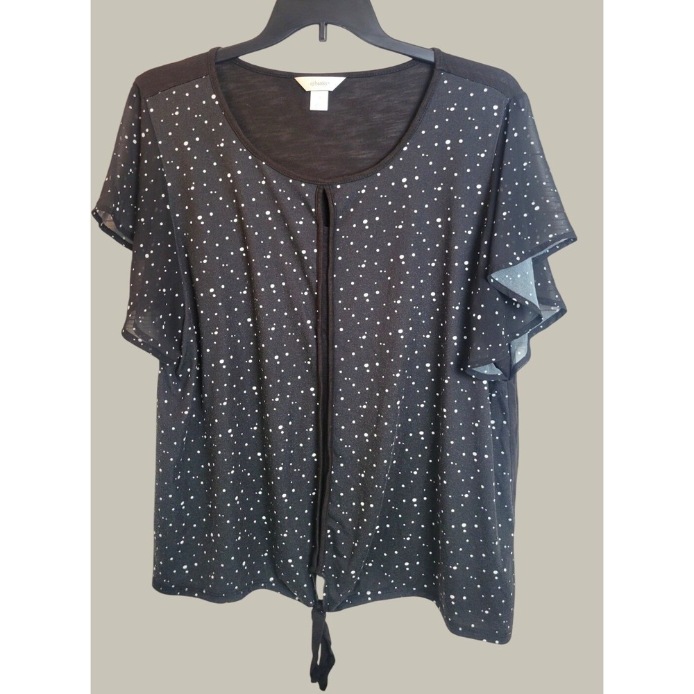 CJ Banks Blouse Plus Size 1X Polka Dot Flutter Sleeve Tie Front Keyhole Top Blk